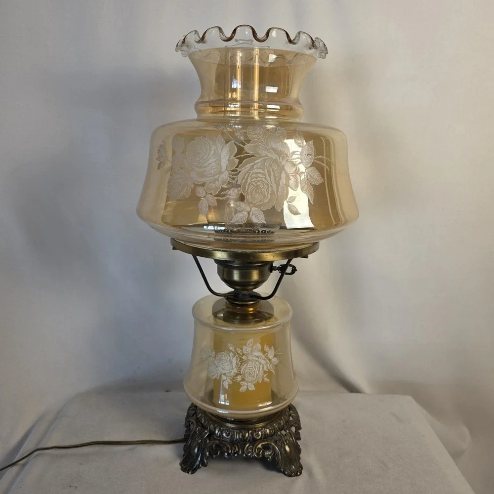 VTG Amber Marigold Luster Iridescent Glass Gone with The Wind Floral 3-Way Lamp
